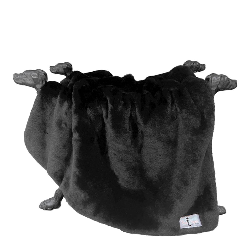 The Hello Doggie Big Baby Dog Blanket in black is elegantly draped over a stand with four dog-shaped legs, emphasizing its luxurious, dark color