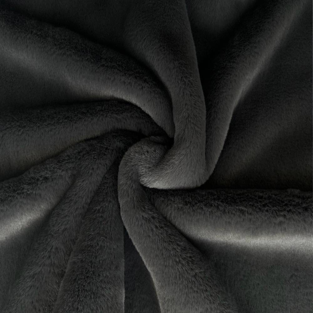 The Hello Doggie Big Baby Dog Blanket in pewter is shown in a detailed image, displaying its plush, dark grey material twisted elegantly
