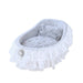 The Hello Doggie Crib Dog Bed in grey, featuring a luxurious design with soft, plush fabric and elegant lace ruffles, adorned with a decorative brooch
