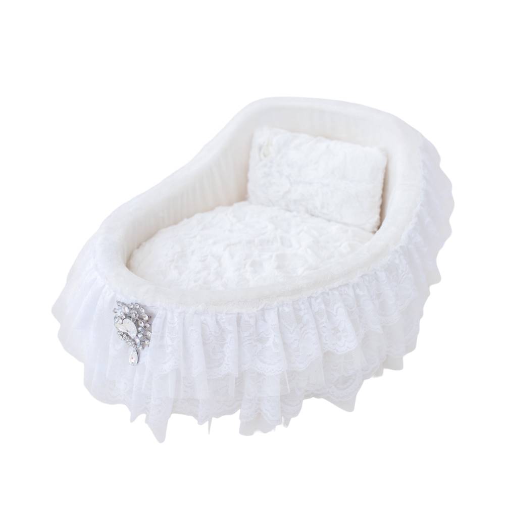The Hello Doggie Crib Dog Bed in vintage, showcasing a sophisticated vintage cradle design with intricate lace detailing and a sparkling brooch