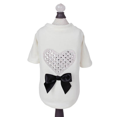 The Hello Doggie Oh My Heart Dog Tee is shown on a mannequin, featuring a white tee with a large crystal heart and a black bow on the back