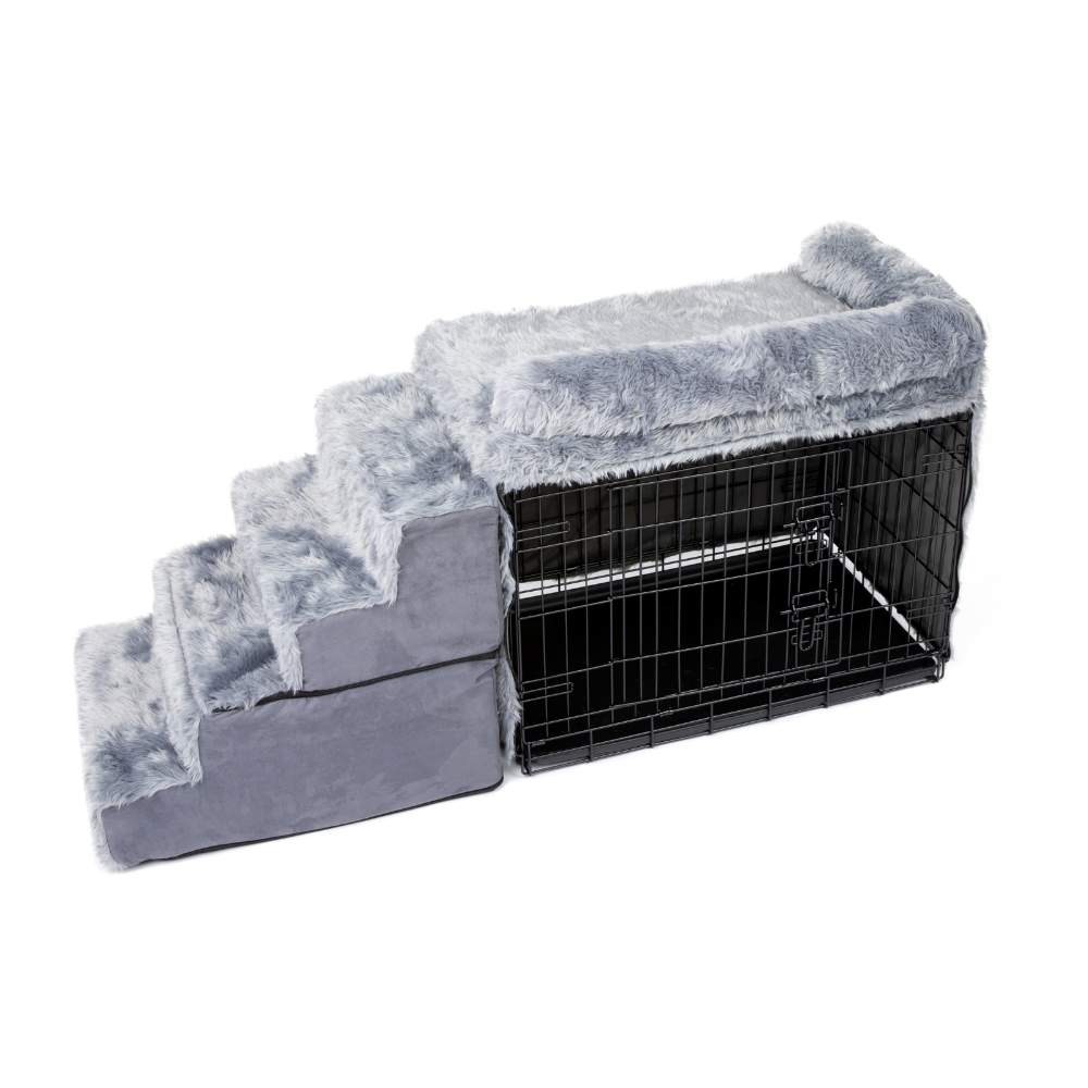 The Paw Pet Bedside Sleeper Crate Kit & Stairs is shown with an empty dog crate and dog stairs