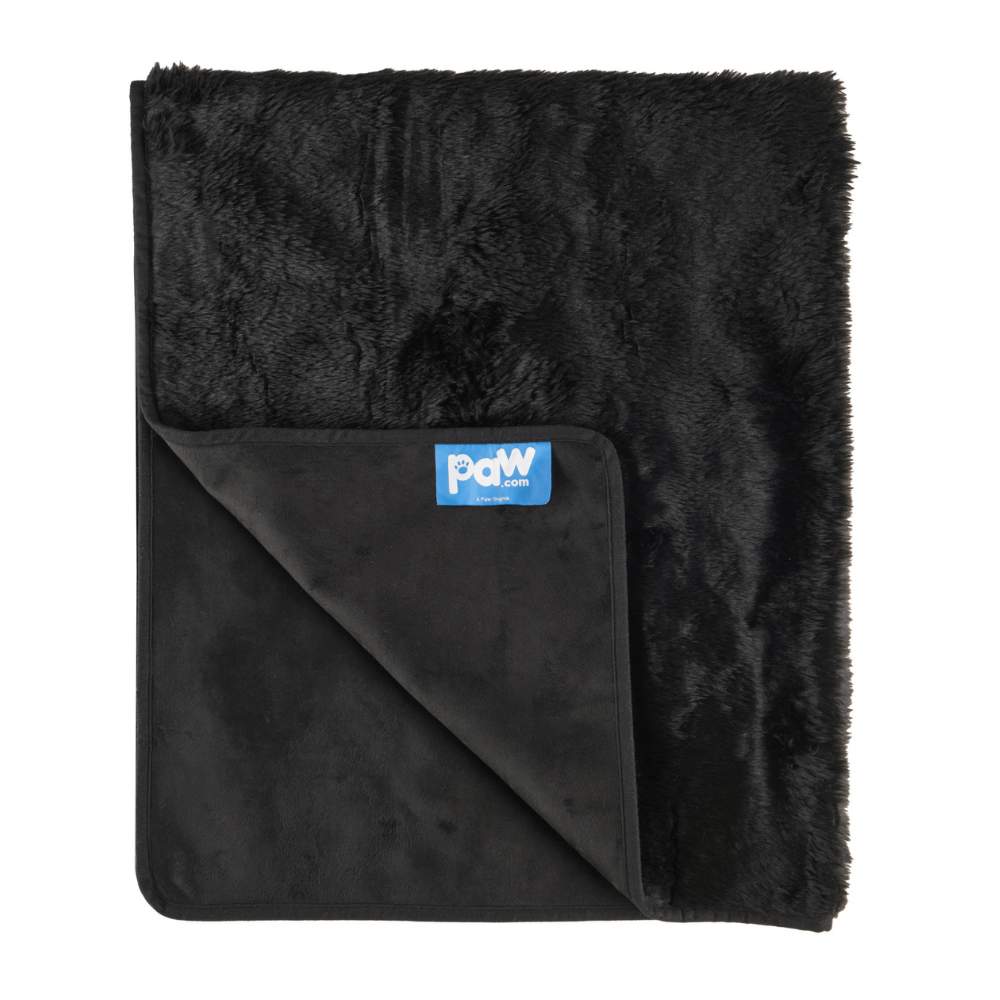 The Paw PupProtector™ Short Fur Waterproof Throw Blanket - Midnight Black is shown folded with the paw.com label visible