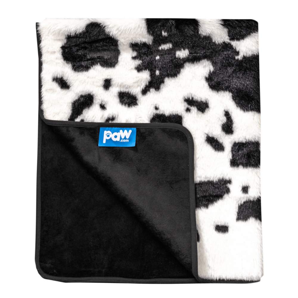 The Paw PupProtector™ Waterproof Throw Blanket - Black Faux Cowhide is displayed with its label showing