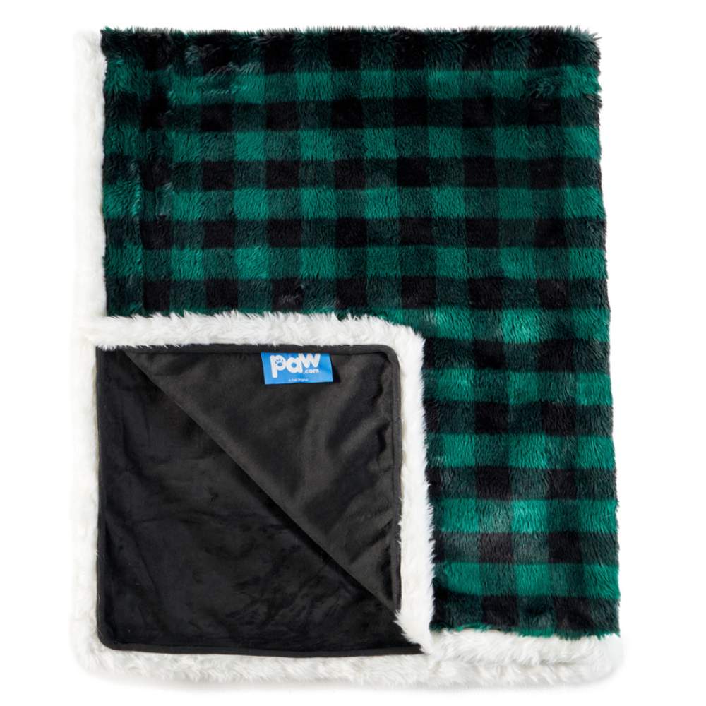 The Paw PupProtector™ Waterproof Throw Blanket - Green Buffalo Plaid is fully displayed, highlighting its pattern and underside