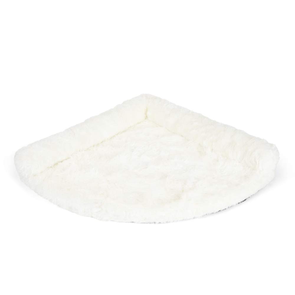 The Polar White Paw PupRug™ Memory Foam Corner Dog Bed is shown empty, placed neatly in a corner