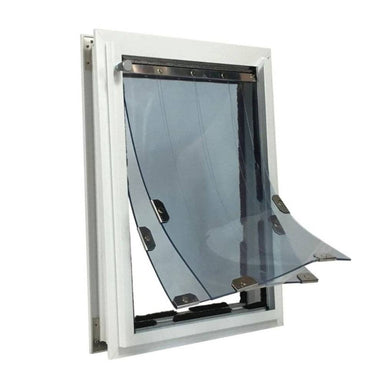 The Security Boss MaxSeal PRO High-Grade Aluminum Dog Door, featuring a durable and transparent flap mechanism for easy pet access, set in a sturdy white aluminum frame