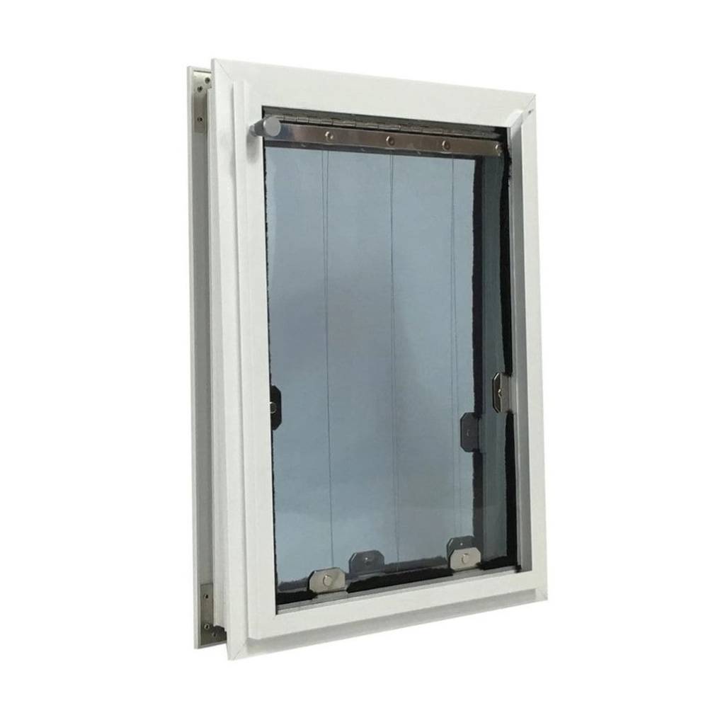 The Security Boss MaxSeal PRO High-Grade Aluminum Dog Door with the flap open, highlighting the durable construction and clear panel design within a white aluminum frame