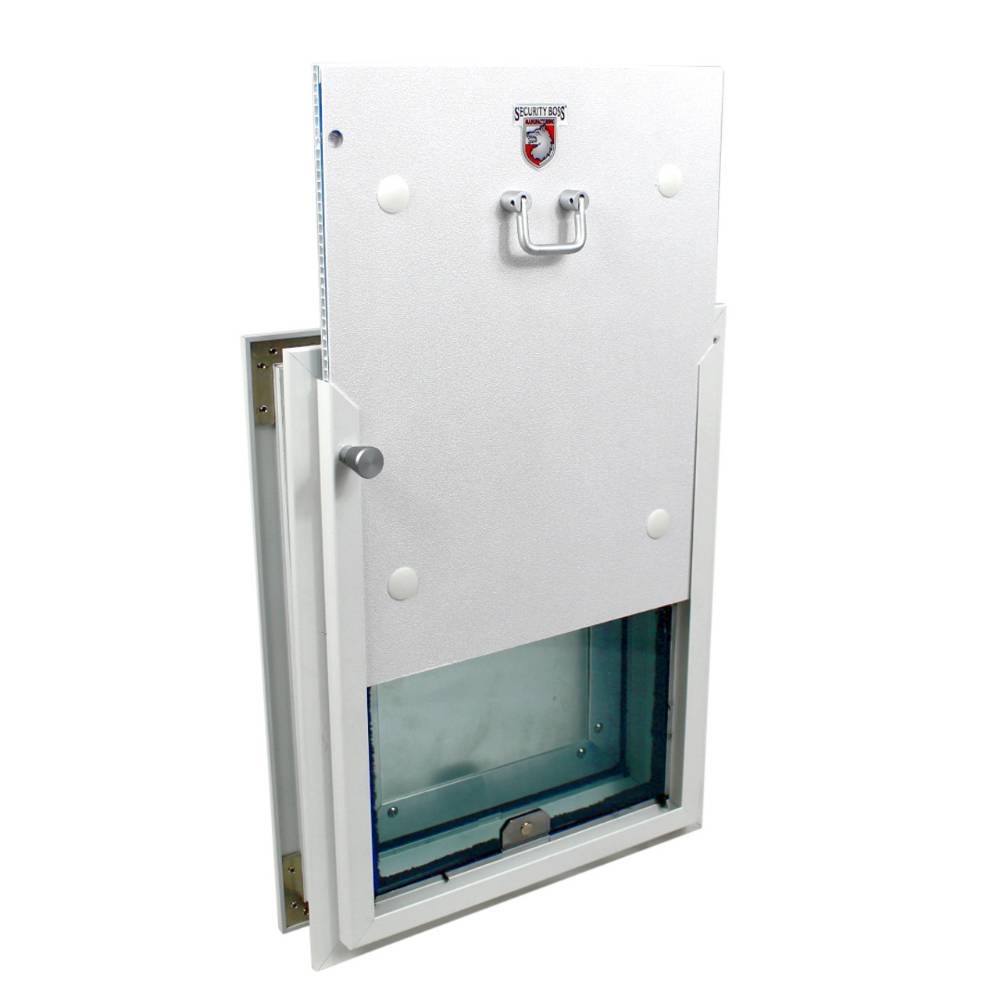 The Security Boss SB72 Bite Resistant Door Mount Pet Entrance in white, fully opened to show the clear flap and sturdy frame, ideal for home installation