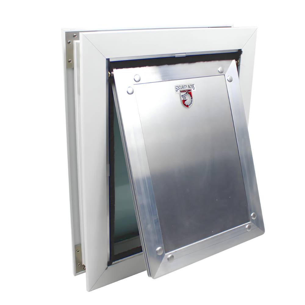The Security Boss SB72 Bite Resistant Door Mount Pet Entrance partially opened, demonstrating the ease of access for pets while maintaining a secure closure