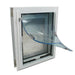 The Security Boss SB72 Bite Resistant Door Mount Pet Entrance showing the flexible, transparent flap lifted, highlighting the secure and resilient design of the pet door
