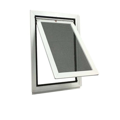 The Security Boss Screen Pet Door Designed for Sliding Screen Doors is a white-framed, hinged pet door with a fine mesh screen, shown partially open for easy pet access