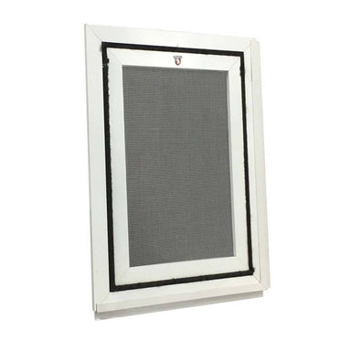 The Security Boss Screen Pet Door Designed for Sliding Screen Doors is partially open in a white frame, showing the fine mesh screen in close-up