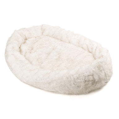 The White with Brown Accents Paw PupCloud™ Human-Size Faux Fur Memory Foam Dog Bed is shown empty, highlighting its plush and inviting design