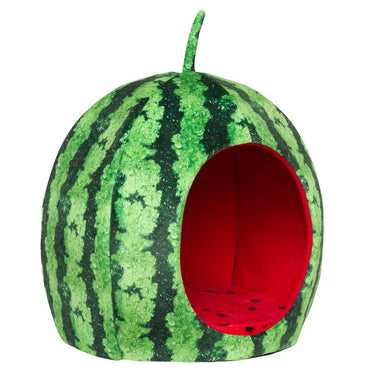 The YML Watermelon Pet Bed is designed to look like a watermelon with a vibrant red interior, creating a playful and inviting hideaway for pets