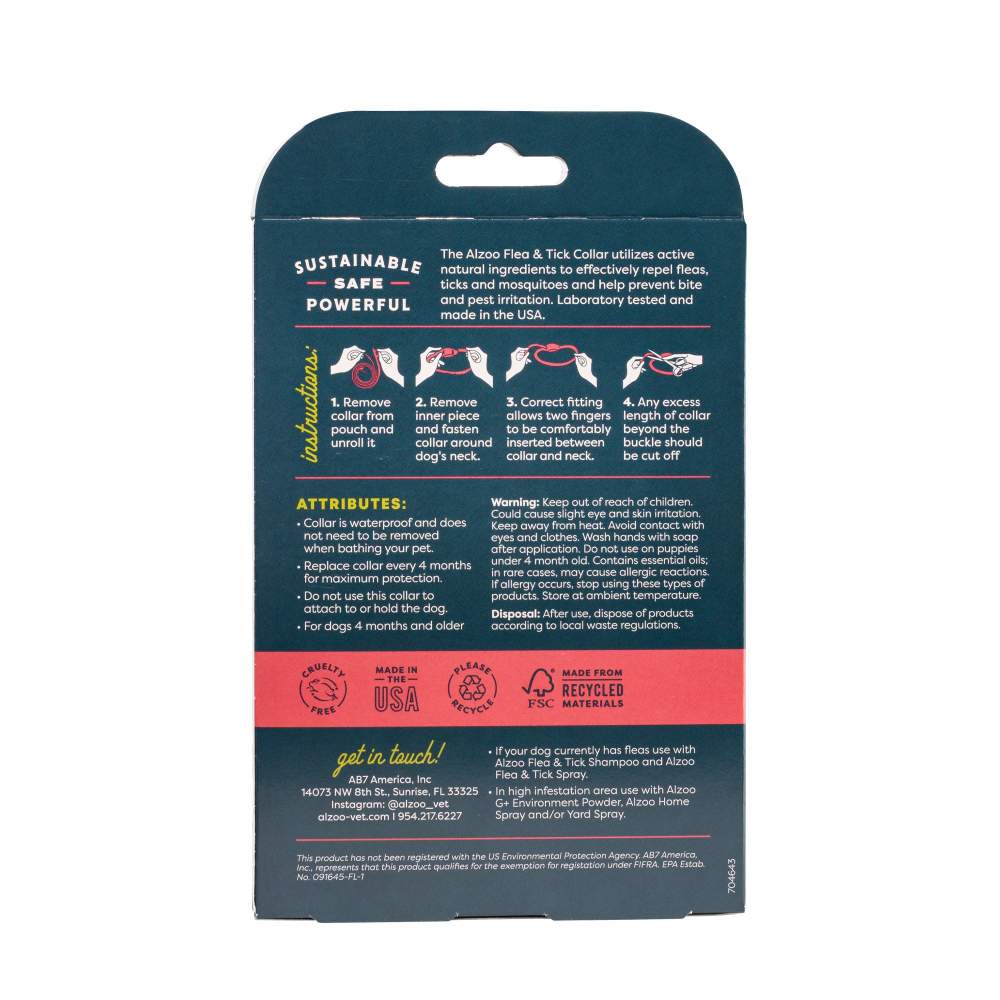 The back of the ALZOO Plant-Based Flea & Tick Collar for Large Dog packaging, providing instructions for use and additional product attributes