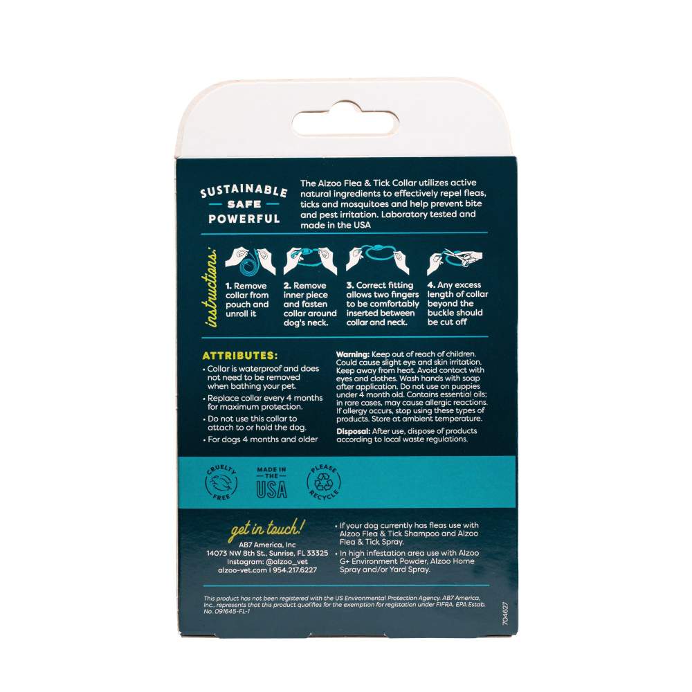 The back of the ALZOO Plant-Based Flea & Tick Collar for Small Dog box provides instructions for use, safety warnings, and product attributes