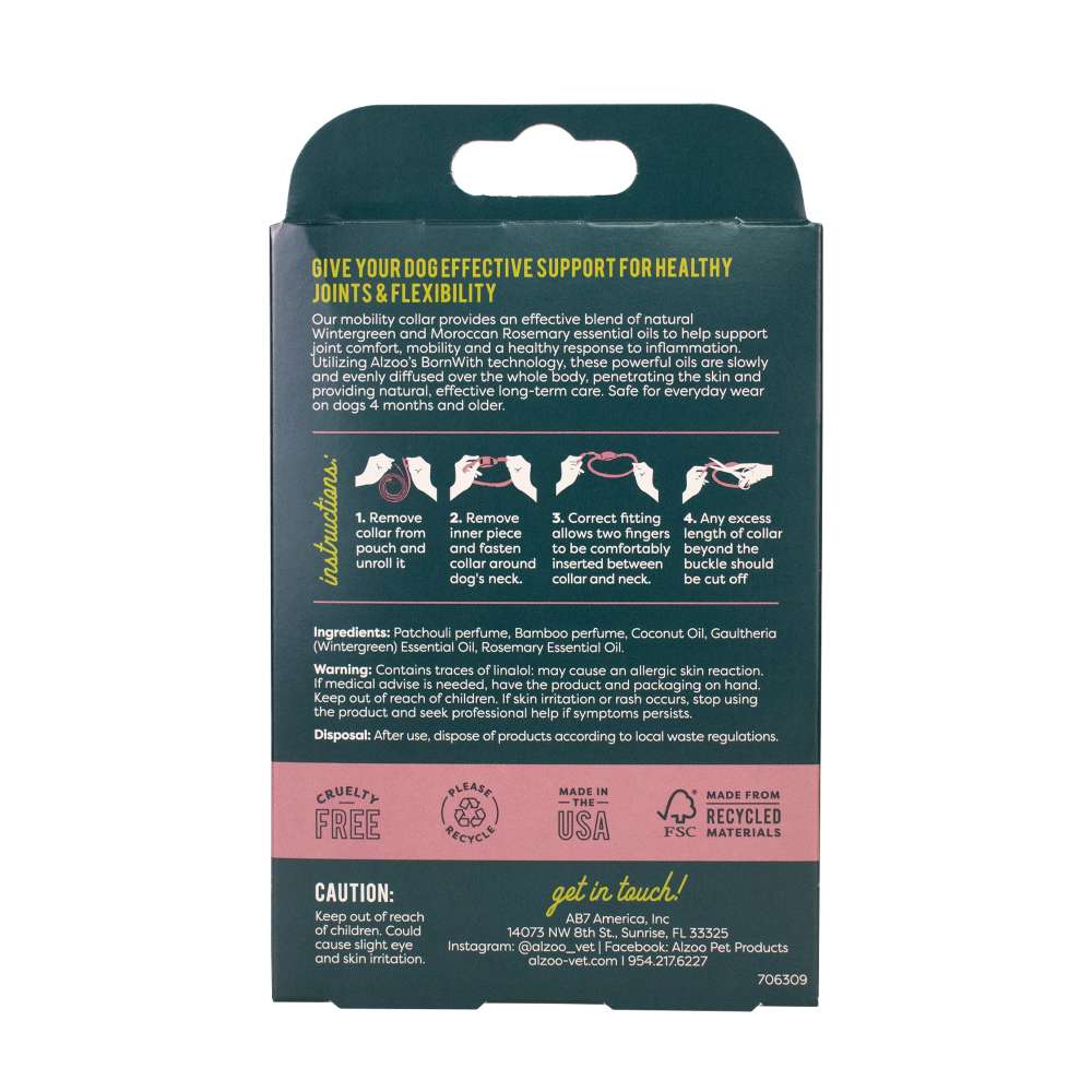 The back of the packaging for the ALZOO Plant-Based Mobility Collar for Dogs, detailing instructions for use and ingredient information