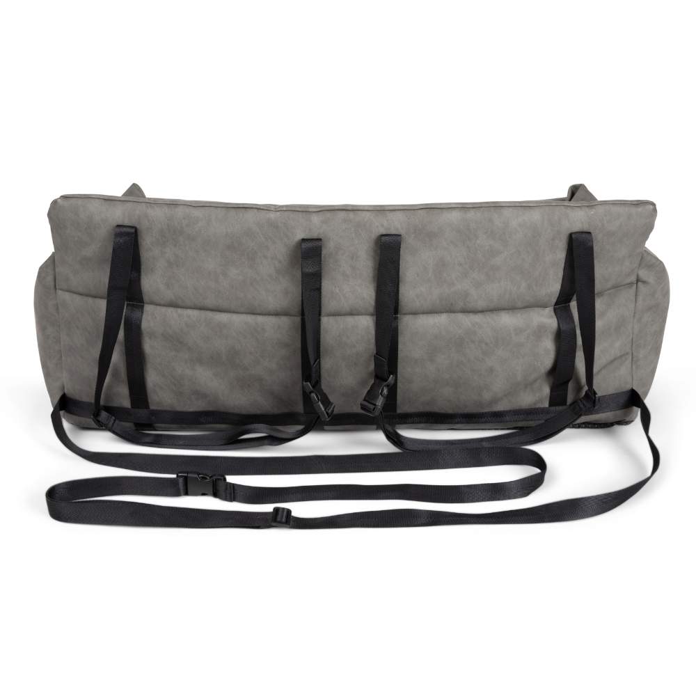 The back view of the Paw PupProtector™ Faux Leather Memory Foam Dog Car Bed - Slate Gray, displaying its supportive straps