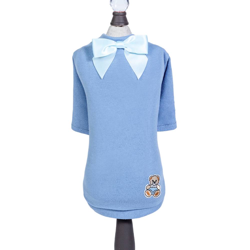 The blue Hello Doggie Baby Bear Dog Tee features a light blue bow at the neck and a small teddy bear patch at the bottom