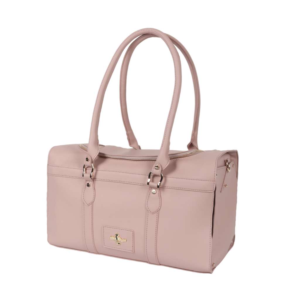 The blush Hello Doggie Grand Voyager Dog Carrier is elegantly designed with dual top handles and gold-tone hardware