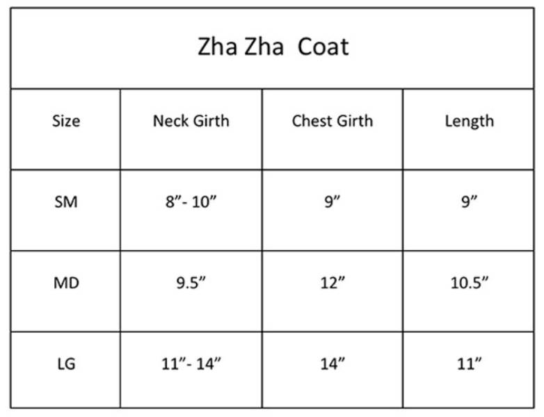 The chart provides sizing information for the Hello Doggie Zha Zha Dog Coat, detailing the neck girth, chest girth, and length for small, medium, and large sizes