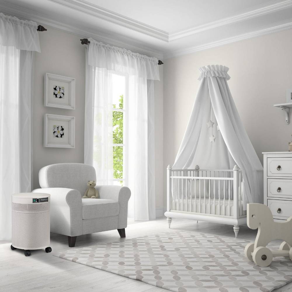 The cozy child's room features Airpura R700 - The Everyday Clean Air Purifier, emphasizing its suitability for maintaining clean air in sensitive environments