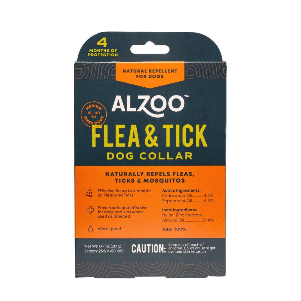 The front packaging of the ALZOO Plant-Based Flea & Tick Collar for Medium Dog shows it naturally repels fleas, ticks, and mosquitoes