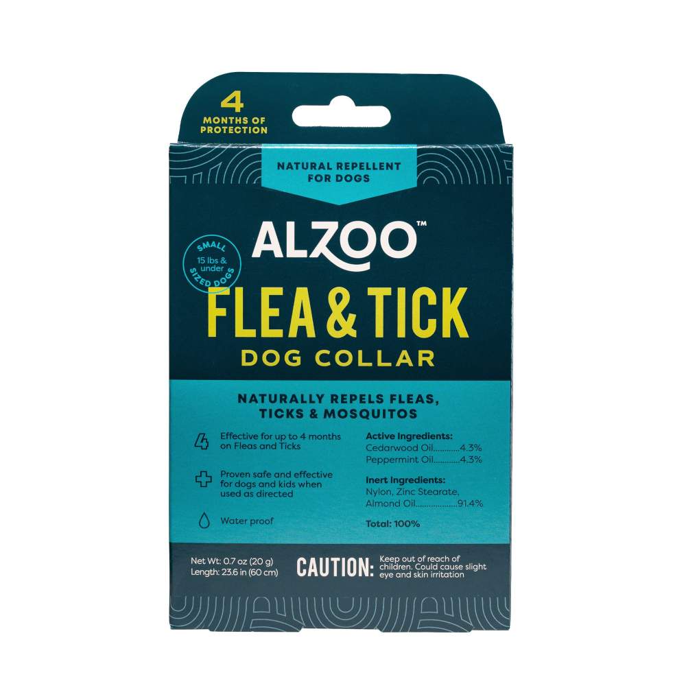 The front packaging of the ALZOO Plant-Based Flea & Tick Collar for Small Dog highlights its natural ingredients and four months of protection