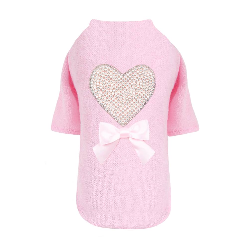 The front view of the Hello Doggie Pearl Heart Dog Sweater in pink color showcases the pearl heart and pink bow, designed to provide a cute and stylish look for dogs