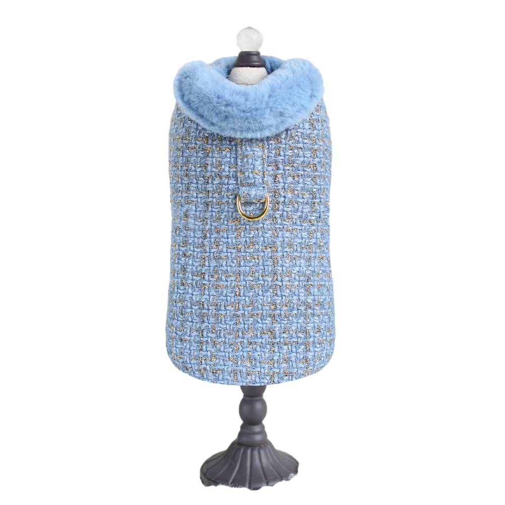 The full front view of the blue tweed dog coat, featuring a detailed fabric texture and gold ring, is identified as the Hello Doggie Chantel Tweed Dog Coat