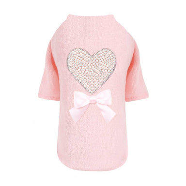 The full view of the Hello Doggie Pearl Heart Dog Sweater in peach color displays the sweater with the pearl heart and white bow on a dog mannequin