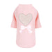 The full view of the Hello Doggie Pearl Heart Dog Sweater in peach color displays the sweater with the pearl heart and white bow on a dog mannequin