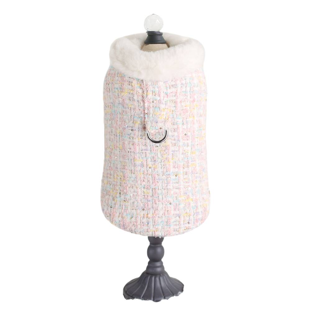 The full view of the pastel candy tweed dog coat, emphasizing its elegant design and fur trim, is called the Hello Doggie Chantel Tweed Dog Coat