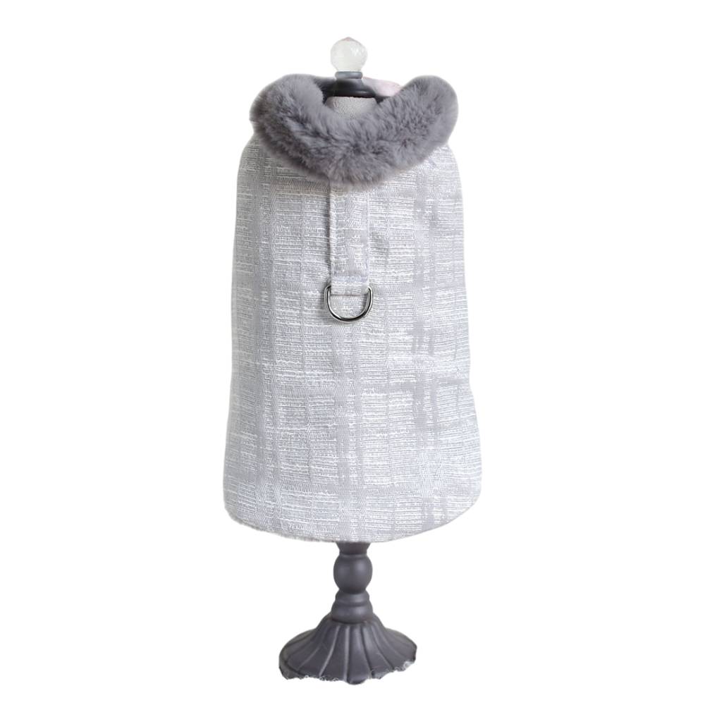 The image captures the full view of the silver gray Hello Doggie Gia Dog Coat on a mannequin stand, highlighting the overall design and style