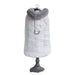 The image captures the full view of the silver gray Hello Doggie Gia Dog Coat on a mannequin stand, highlighting the overall design and style