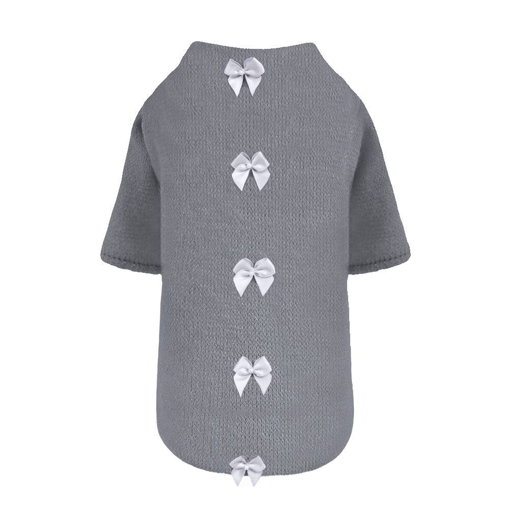 The image depicts a Hello Doggie Dainty Bow Dog Sweater in grey with four white bows aligned vertically down the back