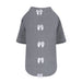 The image depicts a Hello Doggie Dainty Bow Dog Sweater in grey with four white bows aligned vertically down the back