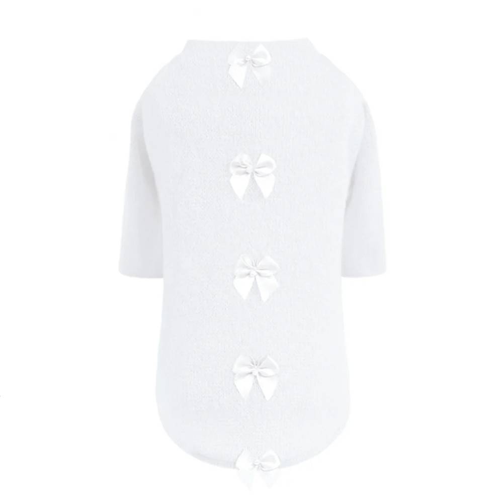 The image depicts a Hello Doggie Dainty Bow Dog Sweater in white with four white bows aligned vertically down the back