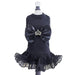 The image depicts a black Hello Doggie Royal Princess Dog Dress with the same design elements of a large bow and crown emblem, along with a lace-trimmed ruffled skirt