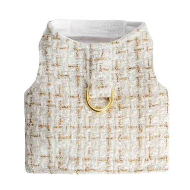 The image depicts a cream and gold textured Hello Doggie Chantel Tweed Dog Harness with a gold ring on the front