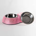 The image depicts a pink-colored Hello Doggie Crystal Dining Bowl, with one bowl lifted out to show its stainless steel interior