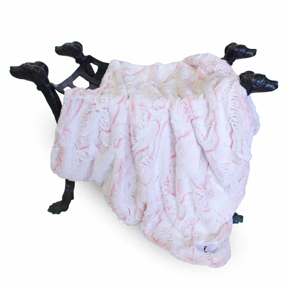 The image depicts the Hello Doggie Whisper Dog Blanket in peach color, displayed over four black dog head statues