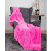 The image depicts the fuchsia-colored Hello Doggie Shag Throw Dog Blanket on a grey chair, emphasizing its vibrant and fluffy look