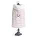 The image depicts the ice pink Hello Doggie Gia Dog Coat fully displayed on a stand, showing its elegant design and metal D-ring detail