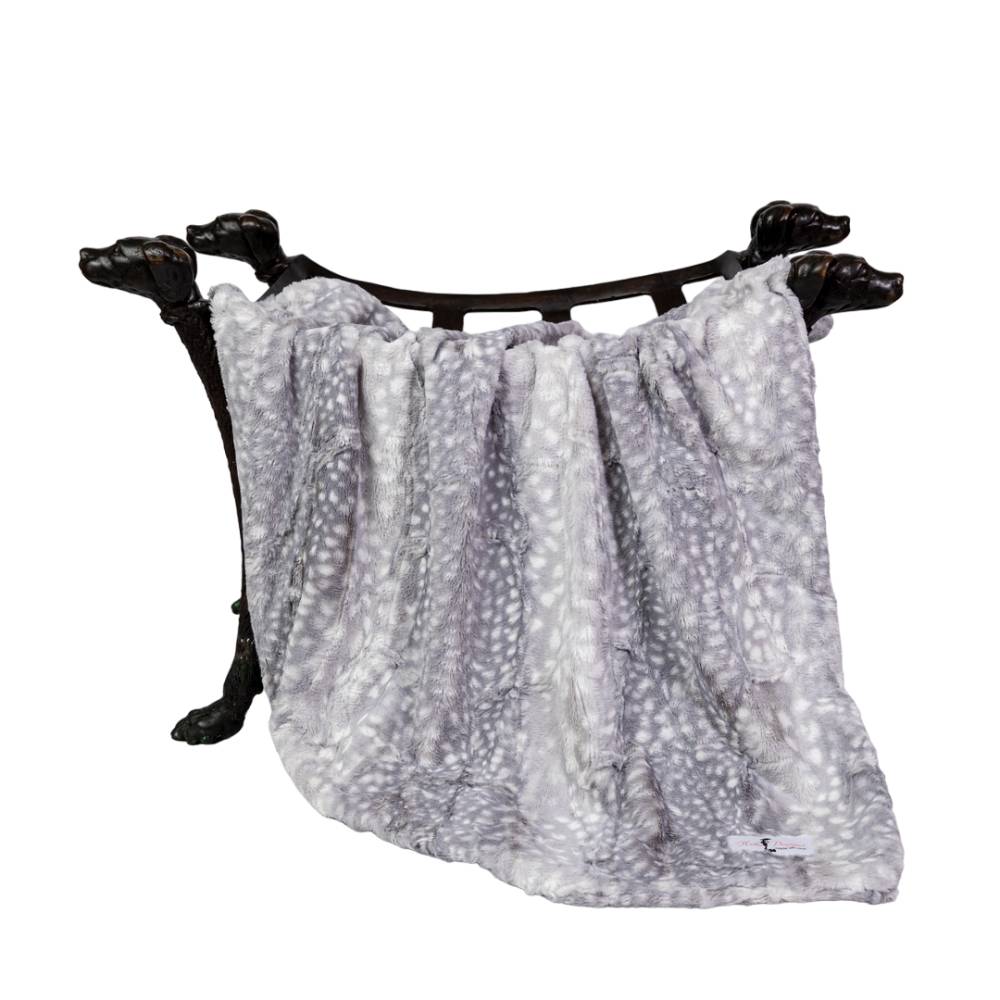 The image displays a Hello Doggie Cashmere Dog Blanket in a silver fawn color, tastefully draped over a black dog-shaped holder