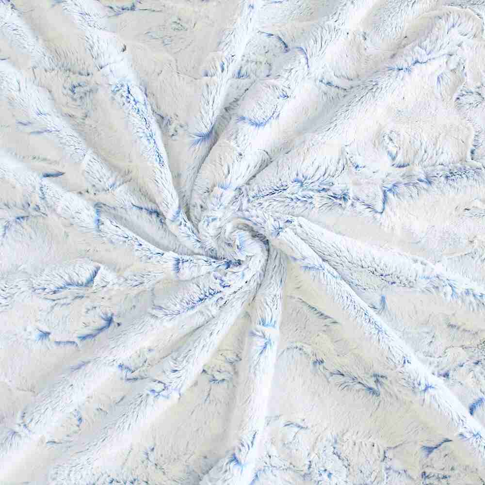 The image displays a close-up of the Hello Doggie Whisper Dog Blanket in baby blue color, emphasizing its luxurious fabric and delicate pattern