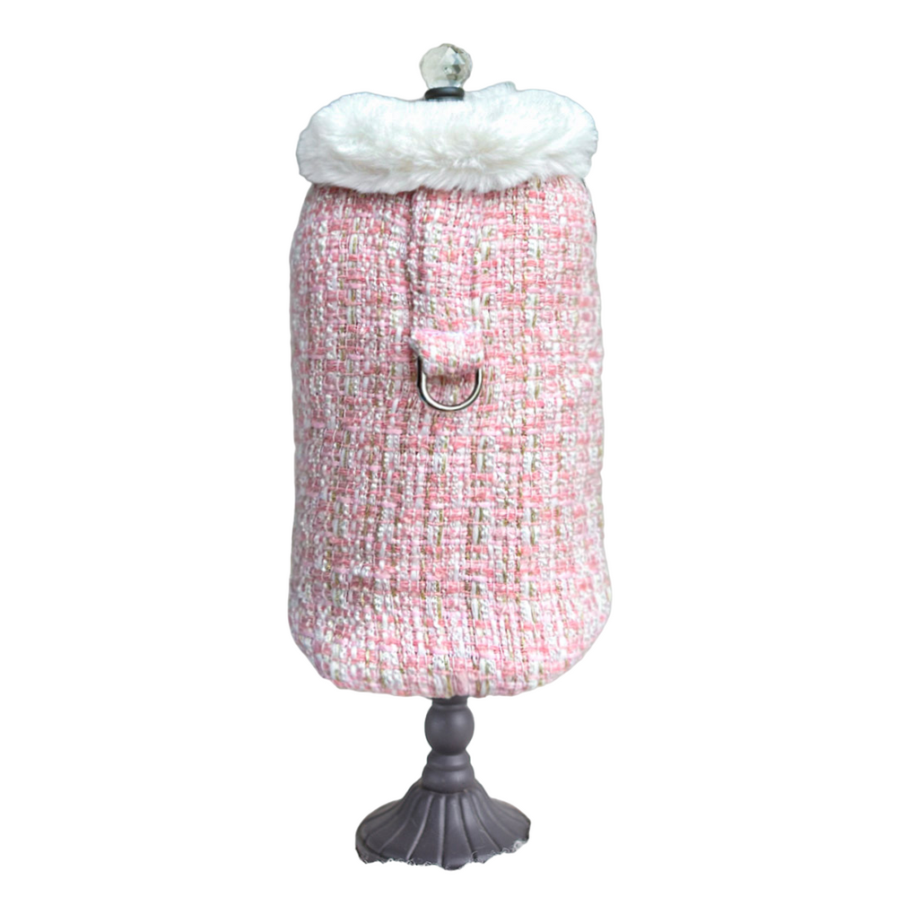 The image displays a lovely Hello Doggie Annabella Dog Coat in a pearl color with a white fur collar