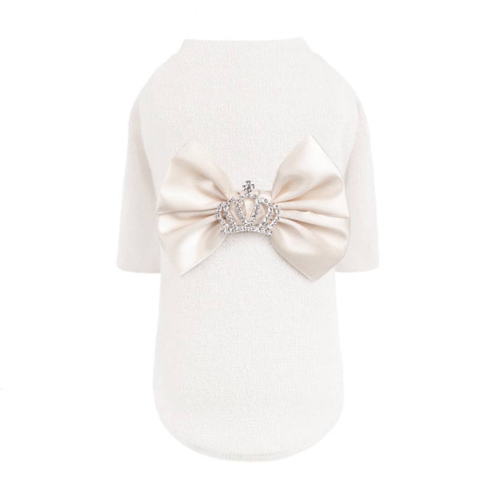 The image displays another view of the Hello Doggie Royal Princess Dog Sweater, highlighting its luxurious cream fabric and the ornate bow and crown decoration