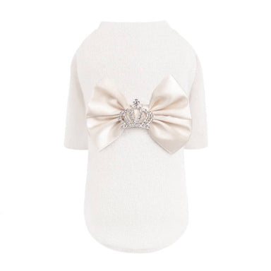 The image displays another view of the Hello Doggie Royal Princess Dog Sweater, highlighting its luxurious cream fabric and the ornate bow and crown decoration